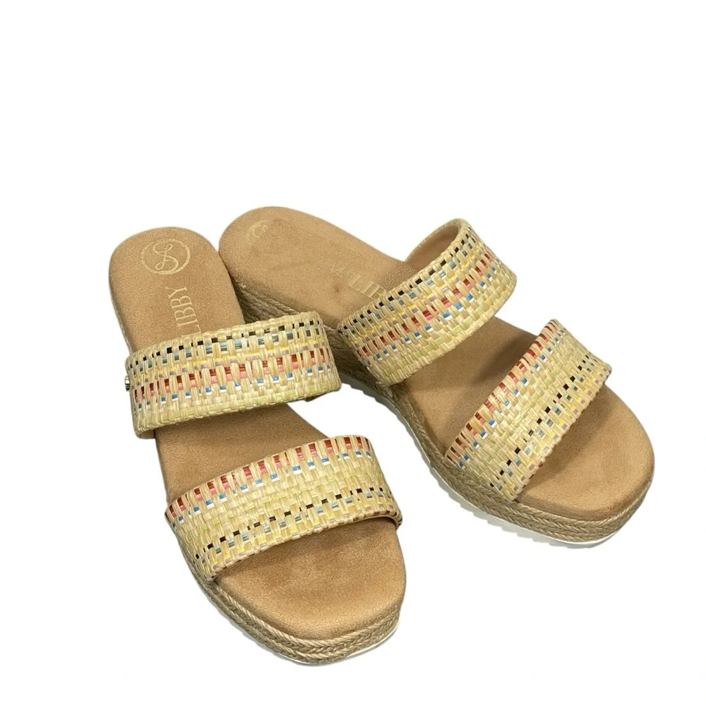 Sam & Libby Charlee Raffia Tan Strap Slip On Wedge Shoe Sandal Sz 9